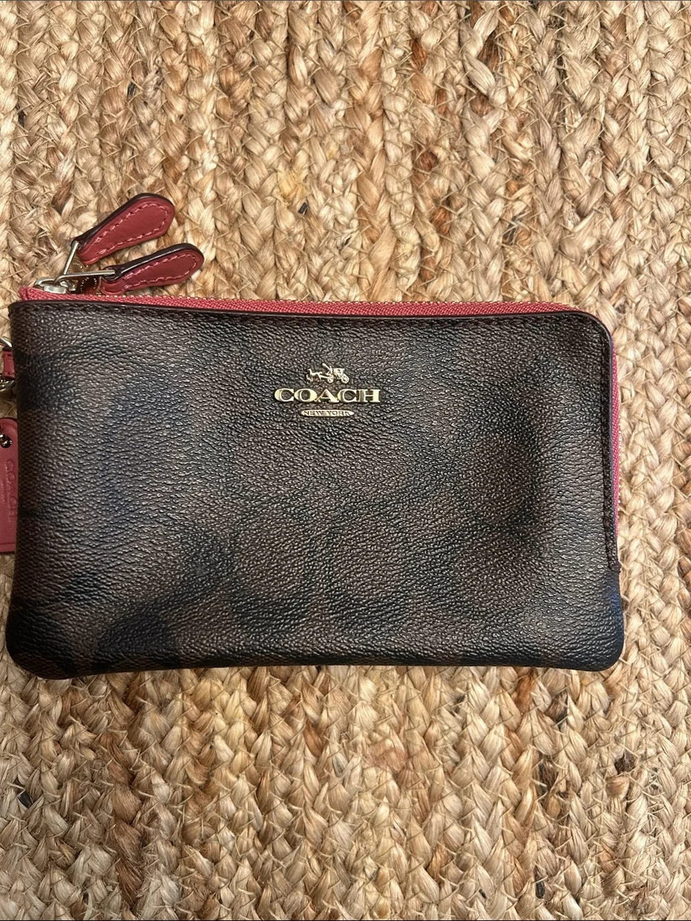 Coach Brown Wristlet with Pink Trim